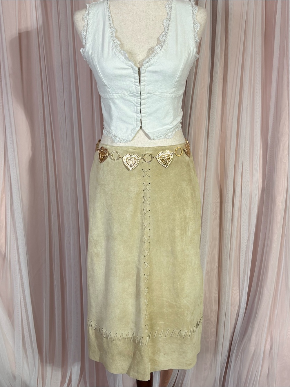 René Derhy NWT Genuine Leather Midi Skirt S Y2K Boho Whipstitch Suede